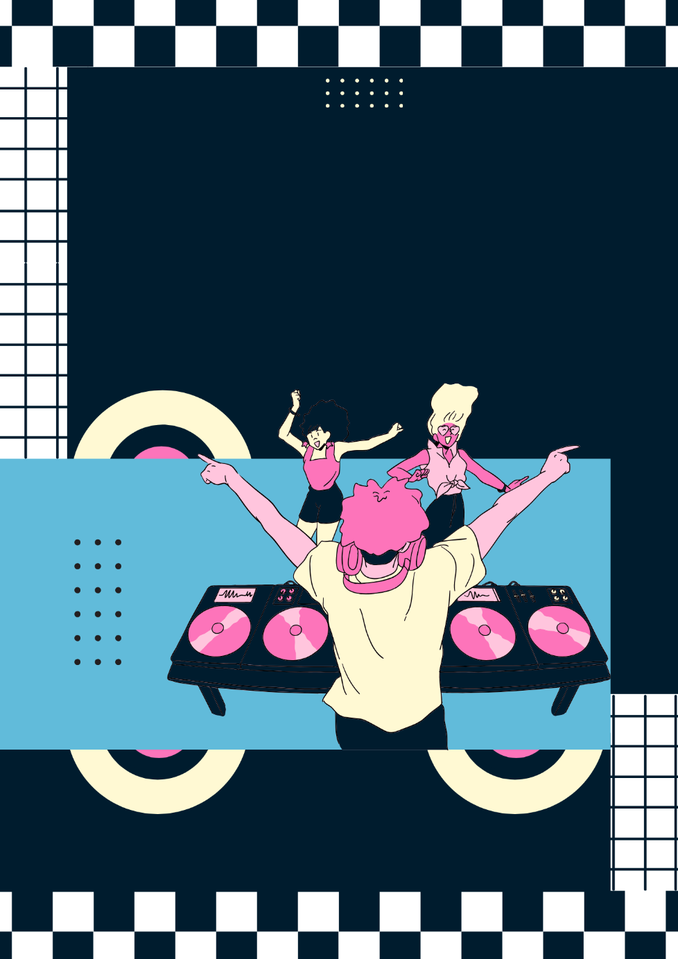 Ilustração do DJ Tilulu tocando, de costas, com duas meninas dançando